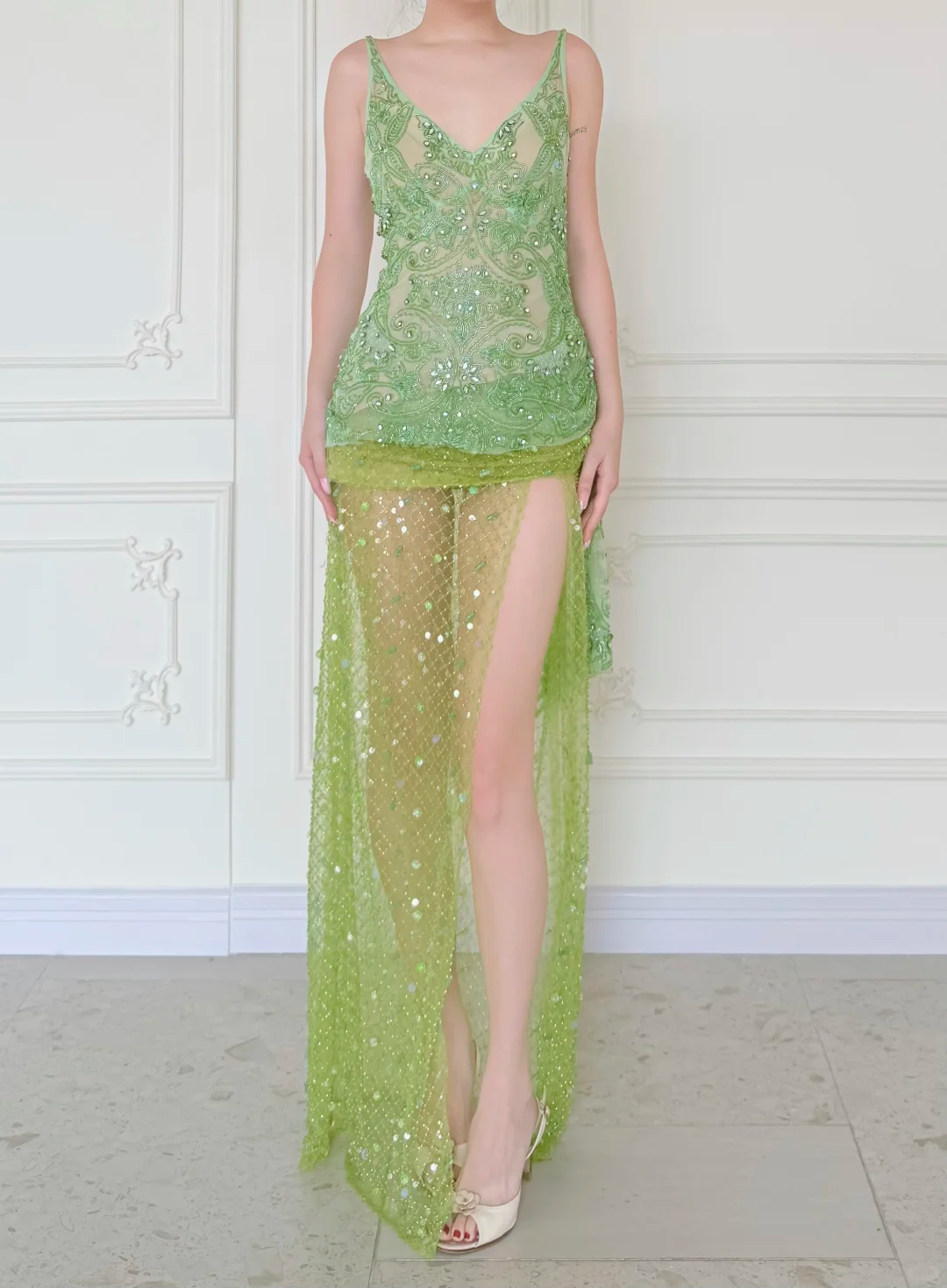 Summer Green A Line V Neck Shiny Beaded Slit Long Prom Dress Evening Dress SH5842