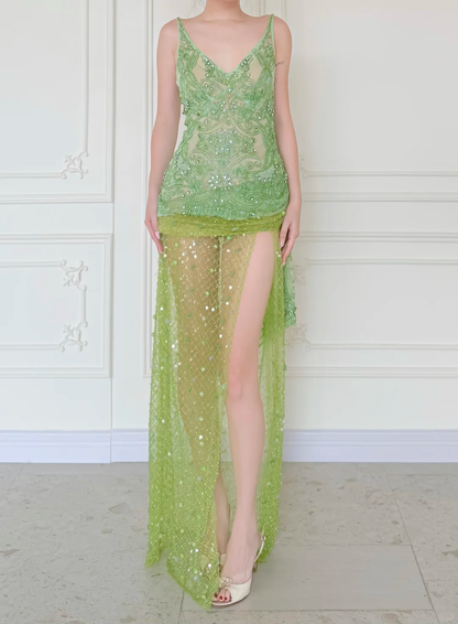 Summer Green A Line V Neck Shiny Beaded Slit Long Prom Dress Evening Dress SH5842