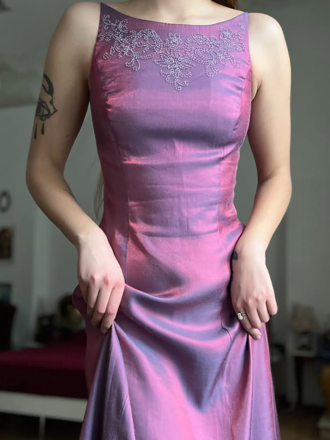 Vintage A Line Exquisite Beaded Purple Satin Prom Dress Evening Dress Date Dress SH5634