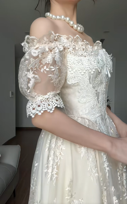 Vintage Ivory A Line Off the Shoulder Lace Satin Tulle Prom Dress Wedding Dress SH4471