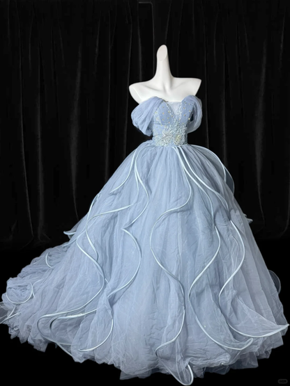 Vintage A Line Off the Shoulder Beaded Ruffle Tulle Prom Dress Evening Dress SH5610