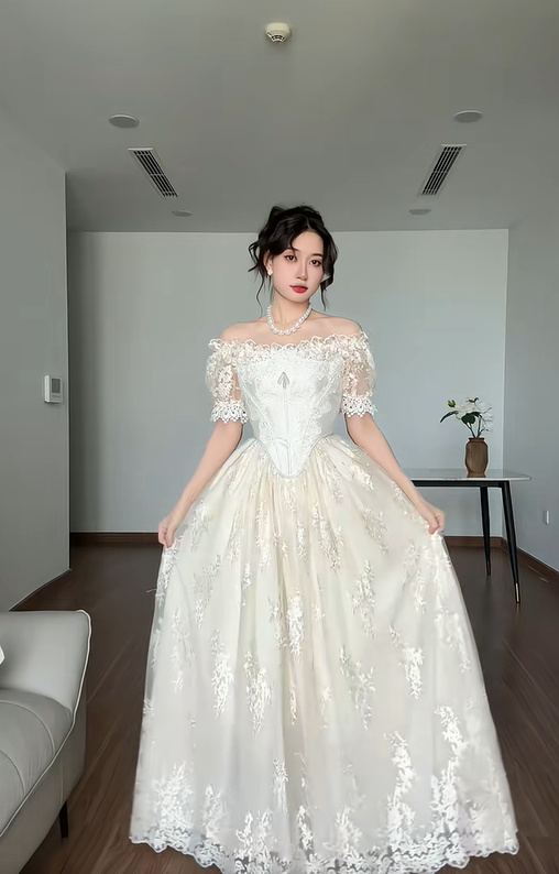 Vintage Ivory A Line Off the Shoulder Lace Satin Tulle Prom Dress Wedding Dress SH4471