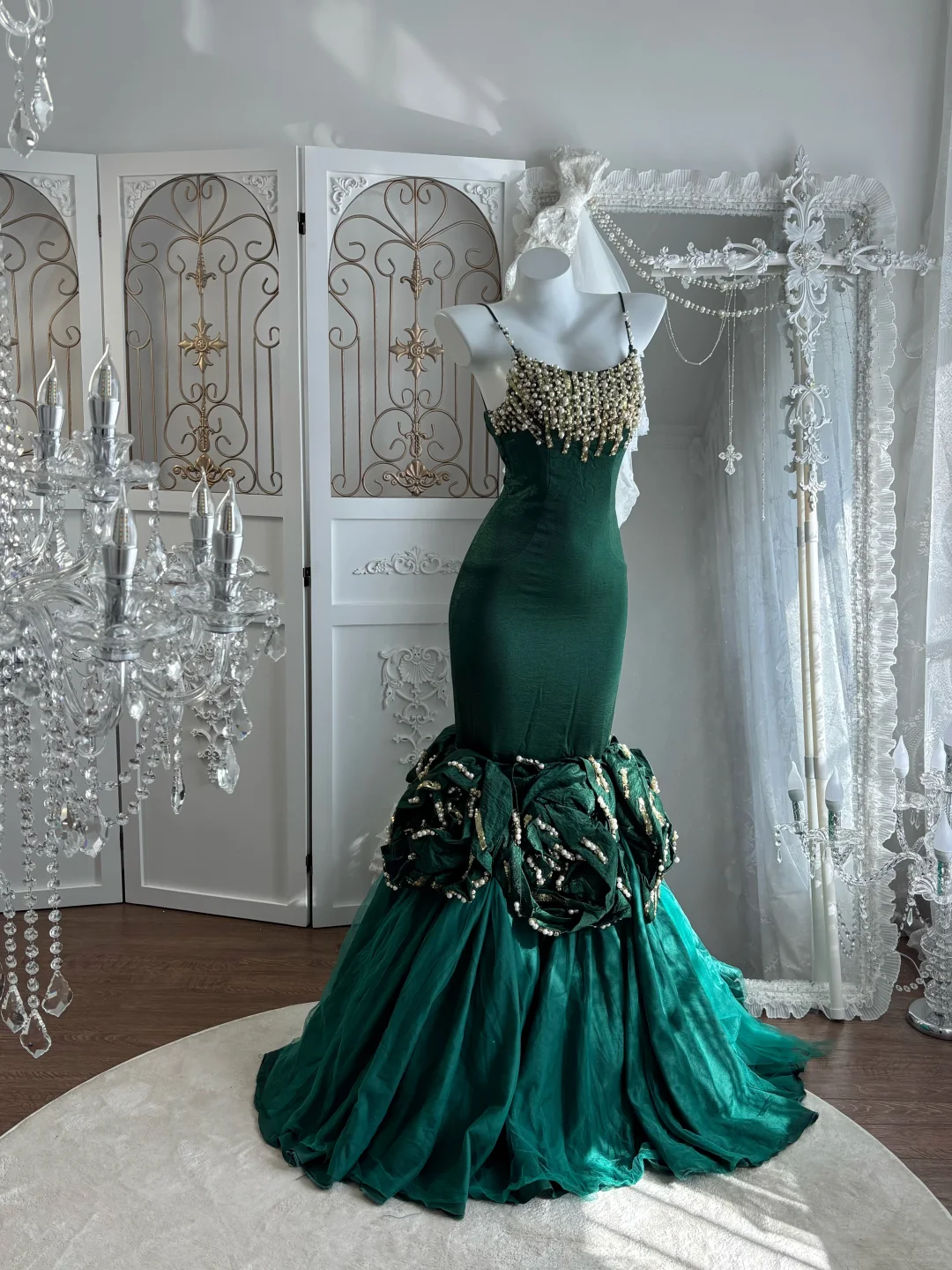 Vintage Emerald Mermaid Straps Pearl Beaded Satin Prom Dress Sweet 16 Dress SH5781
