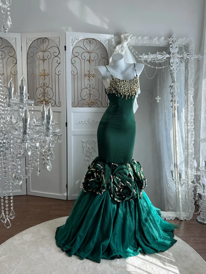 Vintage Emerald Mermaid Straps Pearl Beaded Satin Prom Dress Sweet 16 Dress SH5781