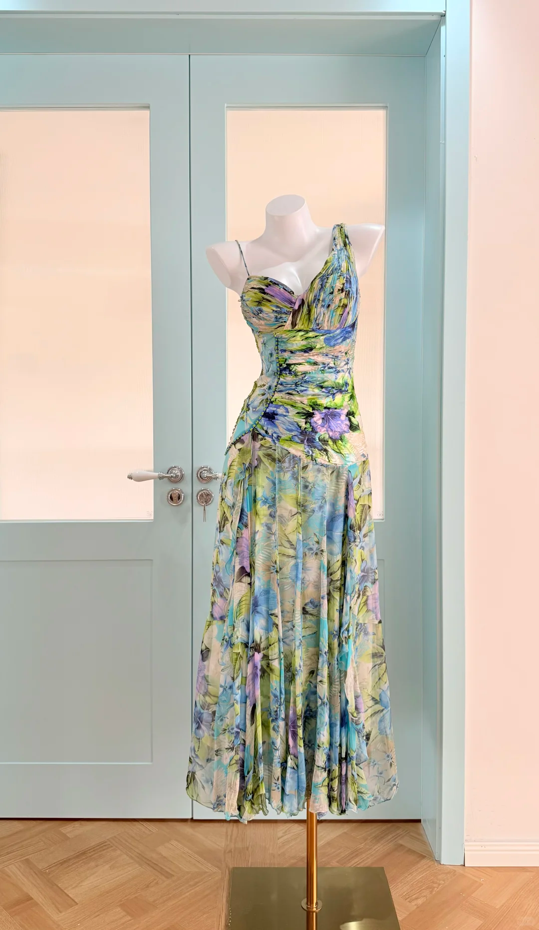 Unique Vintage A Line Straps Blue Green Print Floral Chiffon Prom Dress Outfits SH5508