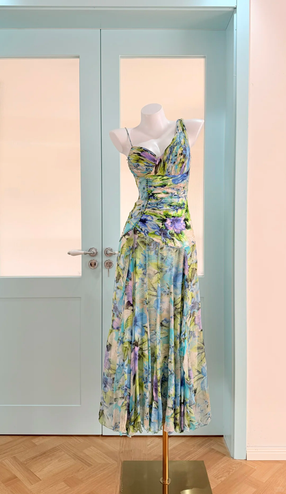 Unique Vintage A Line Straps Blue Green Print Floral Chiffon Prom Dress Outfits SH5508