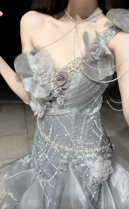 Stunning Grey Ball Gown Off the Shoulder Beaded Organza Satin Prom Dress Party Dress SH5026