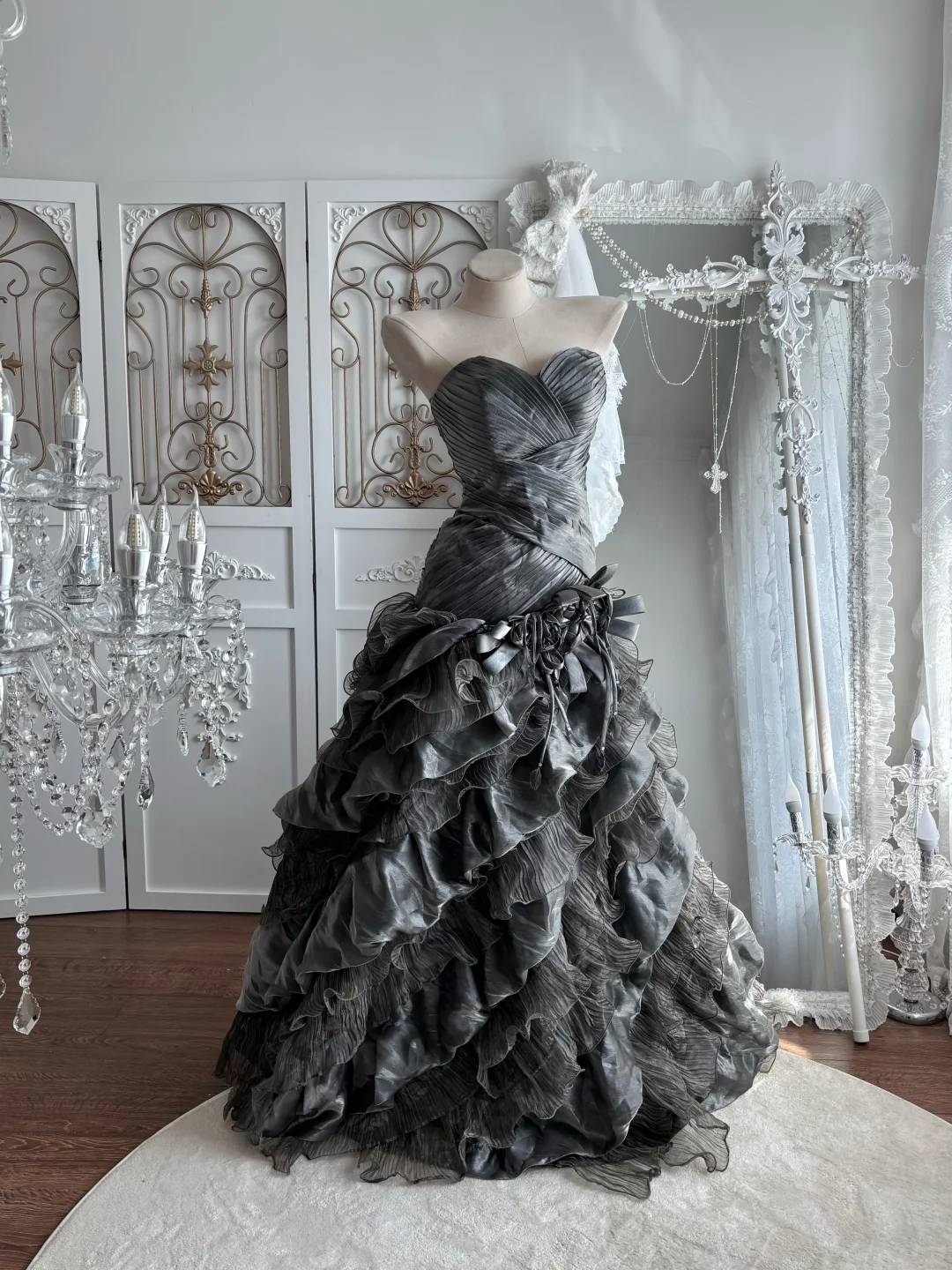 Vintage Grey A Line Sweetheart Neck Layered Organza Prom Dress Sweet 16 Dress SH5789