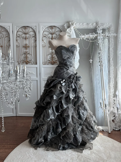 Vintage Grey A Line Sweetheart Neck Layered Organza Prom Dress Sweet 16 Dress SH5789