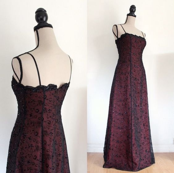 Vintage Burgundy A Line Spaghetti Straps Long Prom Dress  SH1224