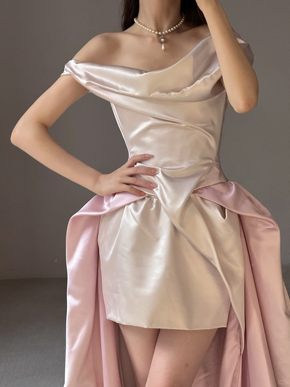 Unique Pink White Ombre A Line Off the Shoulder Pleated Satin Long Wedding Dress SH5152