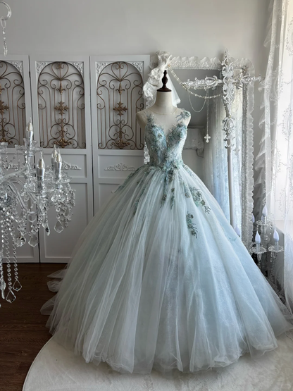 Vintage Light Blue Ball Gown V Neck Exquisite Beaded Tulle Prom Dress Sweet 16 Dress SH5987