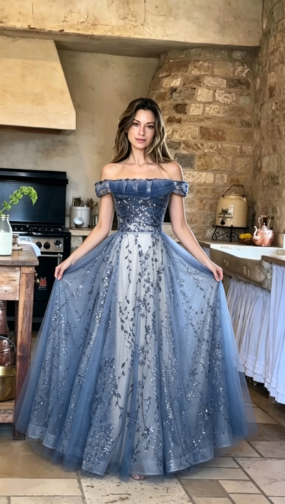 Stunning Blue Tulle Off Shoulder A Line Long Prom Dress, Evening Dress With Sleeve KS7424