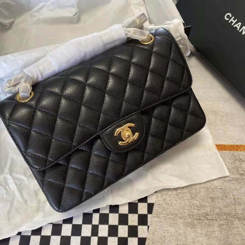 CHANEL Classic Flap Handbag GRAINED CALFSKIN & GOLD METAL