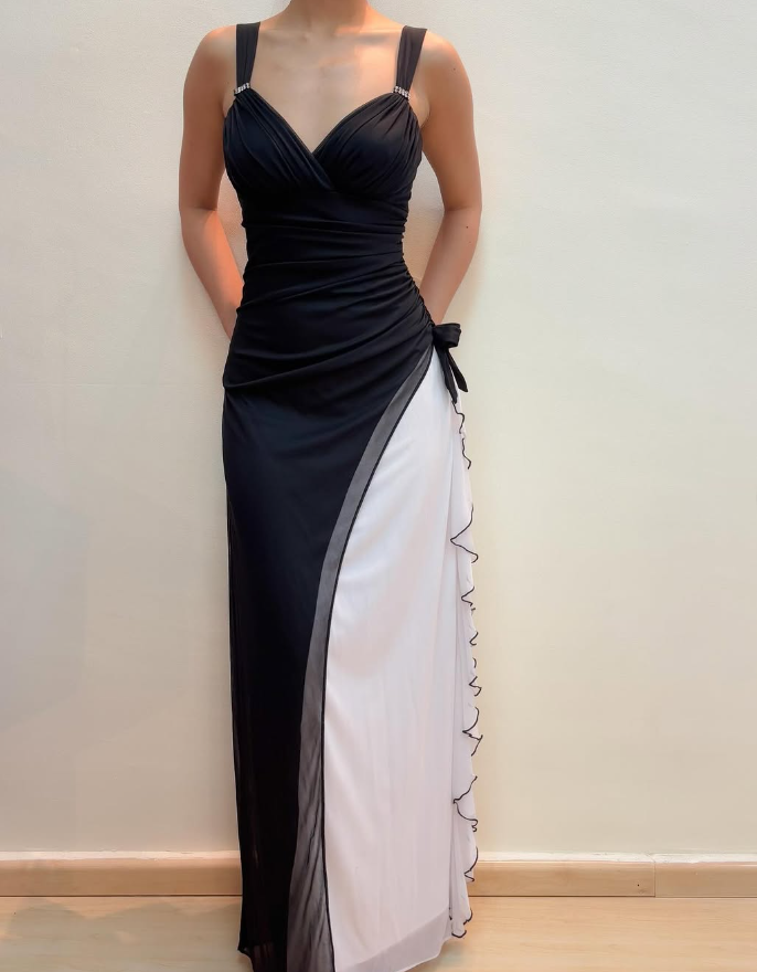 Unique Sheath Spaghetti Strap Black White Chiffon Prom Dress Evening Dress SH2222