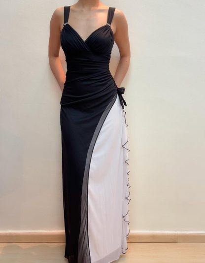 Unique Sheath Spaghetti Strap Black White Chiffon Prom Dress Evening Dress SH2222