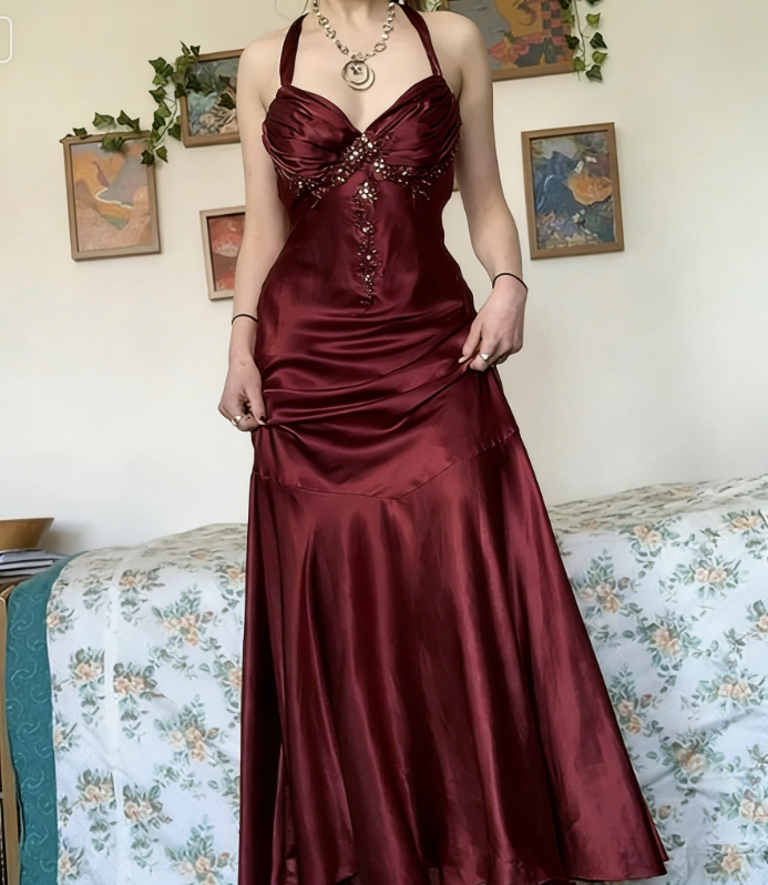 Vintage Halter V Neck  Beaded Appliques 90s Prom Dress Mermaid Evening Dress SH1132