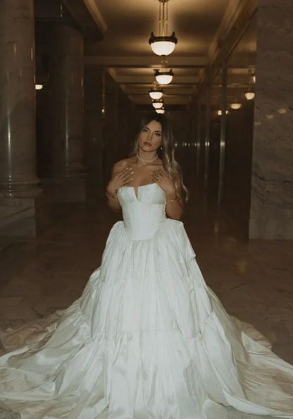 Stunning A Line Strapless White Pleated Satin Long Wedding Dress SH6193