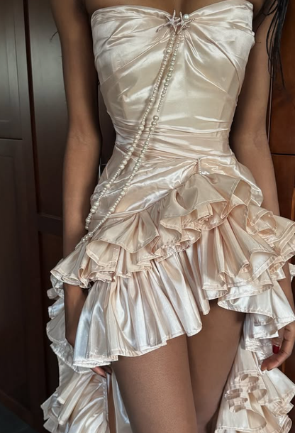 Stunning Apricot A Line Sweetheart Neck Pearl Satin Prom Dress Party Dress SH5324
