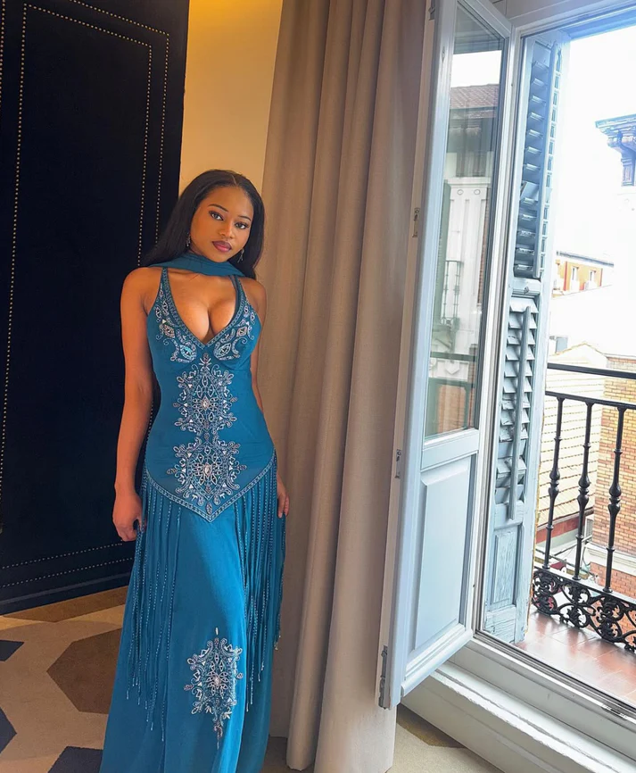 Vintage A Line V Neck Cerulean Beaded Chiffon Long Prom Dress Evening Dress SH5329