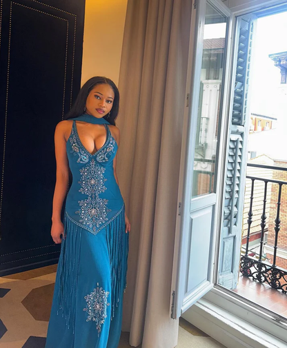 Vintage A Line V Neck Cerulean Beaded Chiffon Long Prom Dress Evening Dress SH5329