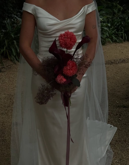 Stunning A Line Off the Shoulder White Satin Long Sweep Wedding Dress SH4857