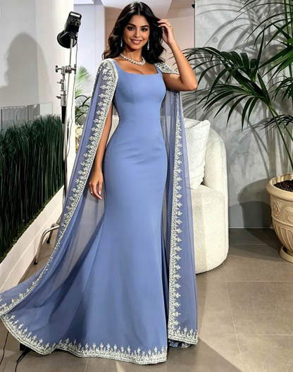 Sparkly  Blue Evening Dresses Cape Long Mermaid Prom Dress Formal Evening Dress Wedding Dress SH945