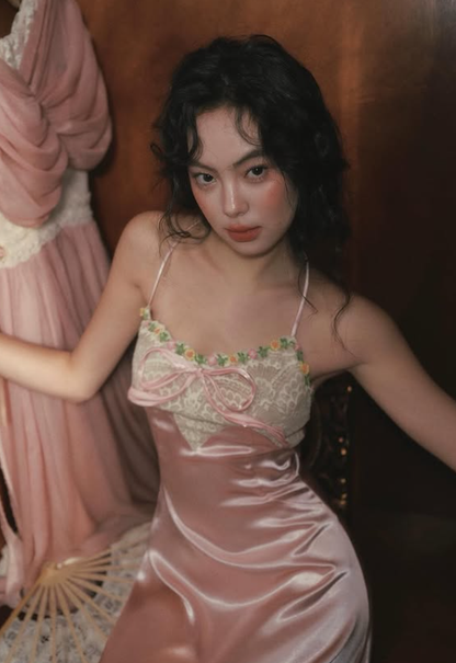 Sweety Pink Sheath Halter Lace Satin Backless Long Prom Dress SH5476