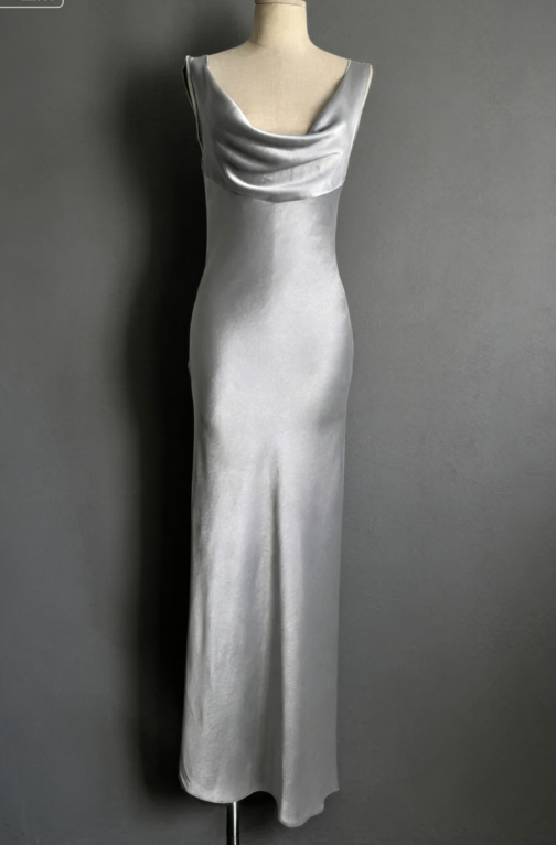 Vintage Elegant Sheath Straps Grey Satin Long Prom Dress Evening Dress SH5140