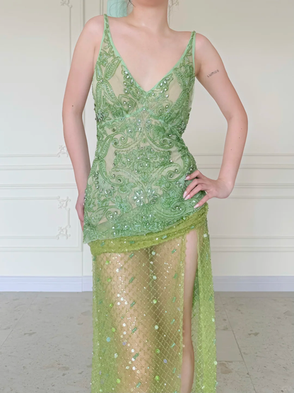 Summer Green A Line V Neck Shiny Beaded Slit Long Prom Dress Evening Dress SH5842