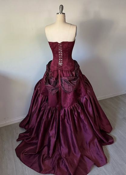 Vintage Burgundy Strapless Beaded Satin Long Prom Dress Party Dress SH5532
