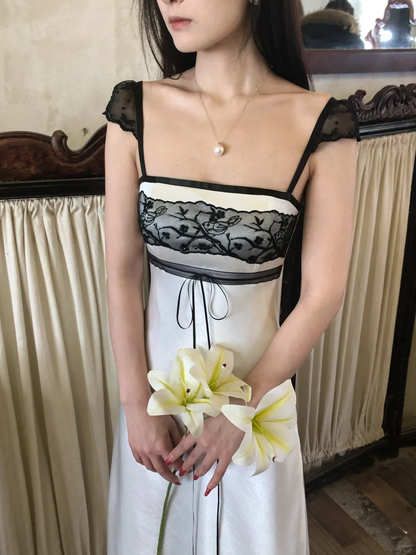 Vintage A Line Classic Lace Satin Long Prom Dress Date Dress SH5559