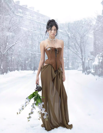 Unique Sheath Strapless Butterfly Brown Satin Chiffon Long Party Dress Evening Dress SH3128
