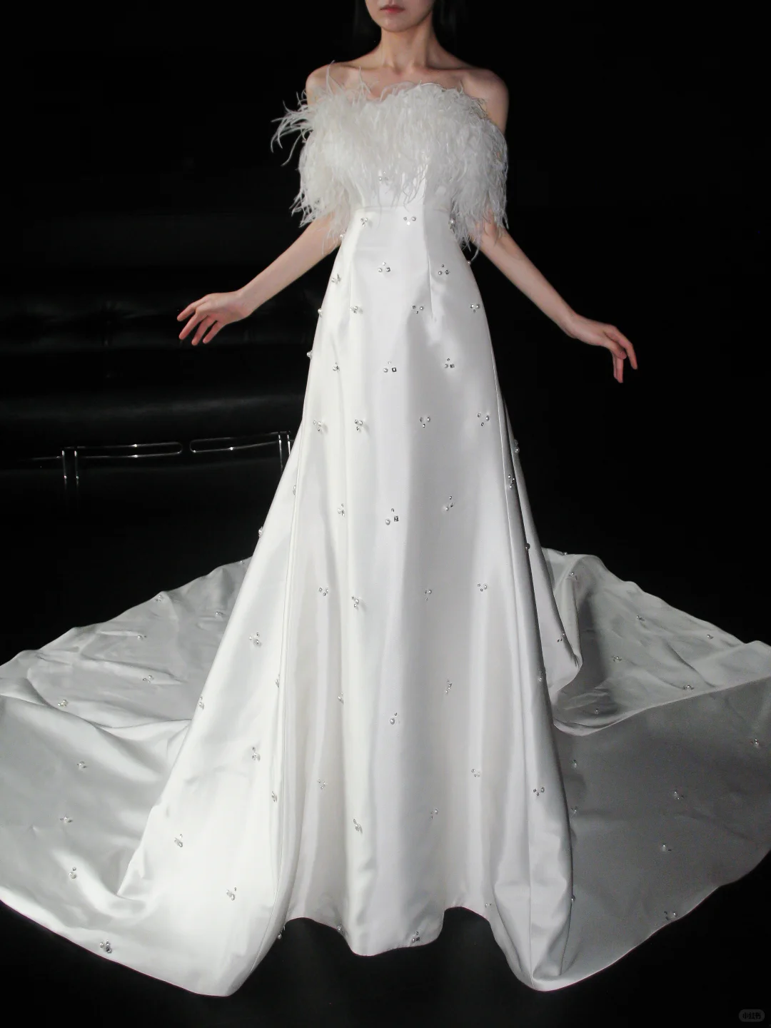Sweety A Line Strapless White Feather Beaded Satin Long Wedding Dress SH5974