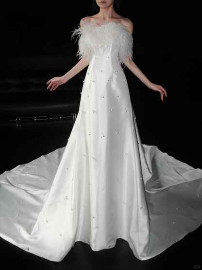 Sweety A Line Strapless White Feather Beaded Satin Long Wedding Dress SH5974
