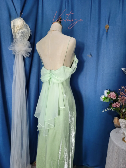 Vintage Green Simple Mermaid Spaghetti Strap Chiffon Satin Prom Dress Outfits SH4954