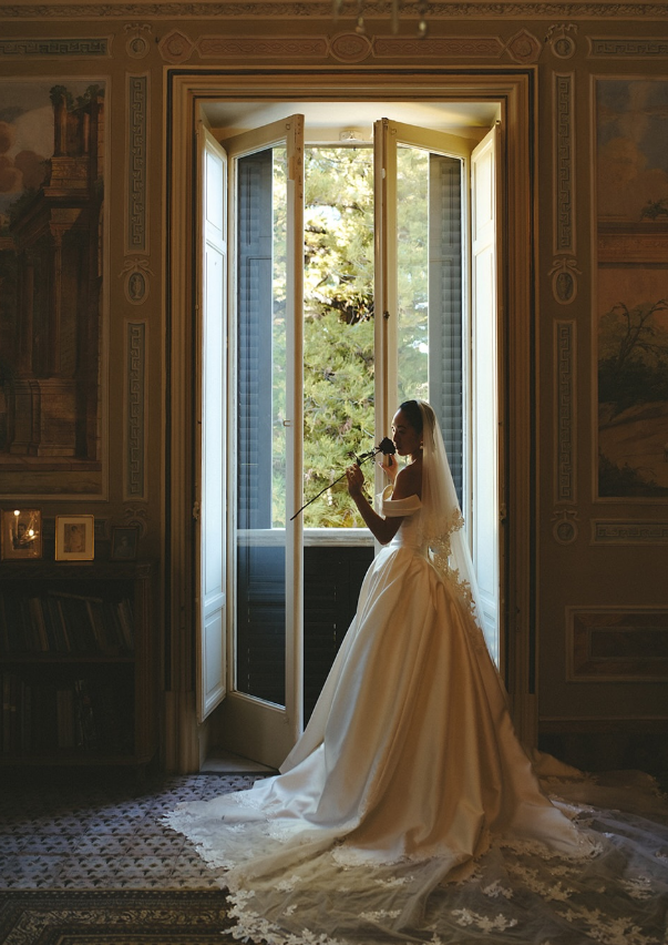 Stunning A Line Off the Shoulder Beaded Appliques White Satin Long Wedding Dress SH6025