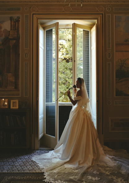 Stunning A Line Off the Shoulder Beaded Appliques White Satin Long Wedding Dress SH6025
