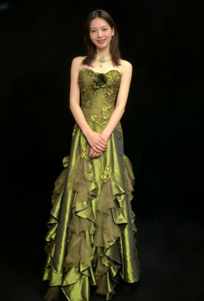 Vintage Green Mermaid Strapless Appliques Floral Satin Long Prom Dress SH5424
