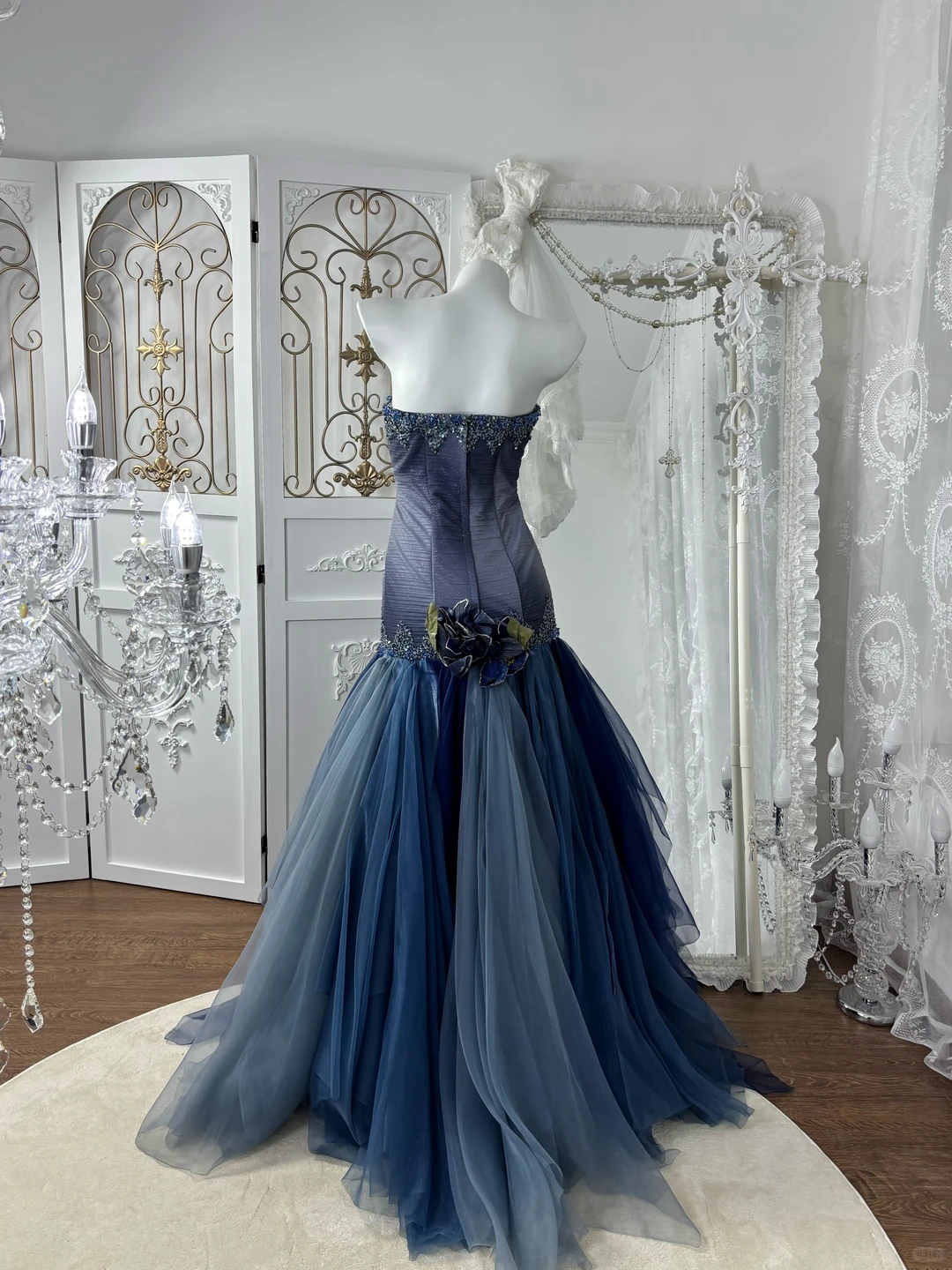 Vintage Blue Ombre A Line Strapless Shiny Beaded Tulle Prom Dress Sweet 16 Dress SH5981