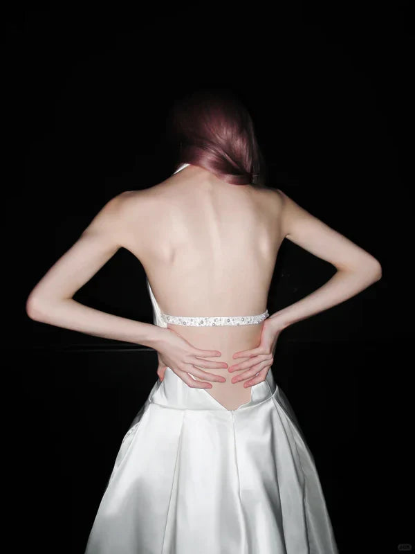 Stunning A Line Halter White Satin Backless Long Wedding Dress SH5980
