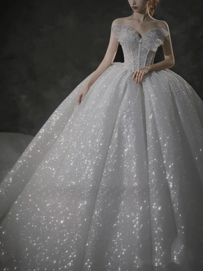 Stunning Ball Gown Strapless Beaded Sequin Prom Dress Wedding Dress with Butterfly SH4456