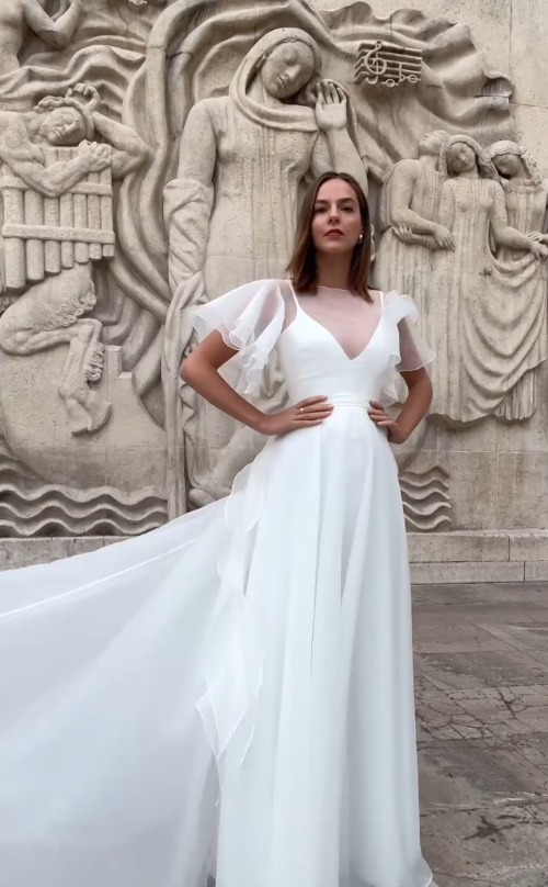 Stunning Ball Gown White Ruffle Organza Long Sweep Wedding Dress SH4709
