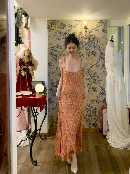Vintage Exquisite A Line Straps Orange Beaded Tulle Prom Dress Wedding Guest Dress SH4497