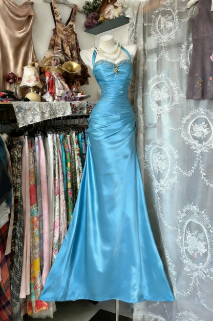 Vintage Halter Mermaid Long Prom Dresses Beaded Royal Blue Satin Birthday Dresses SH5041