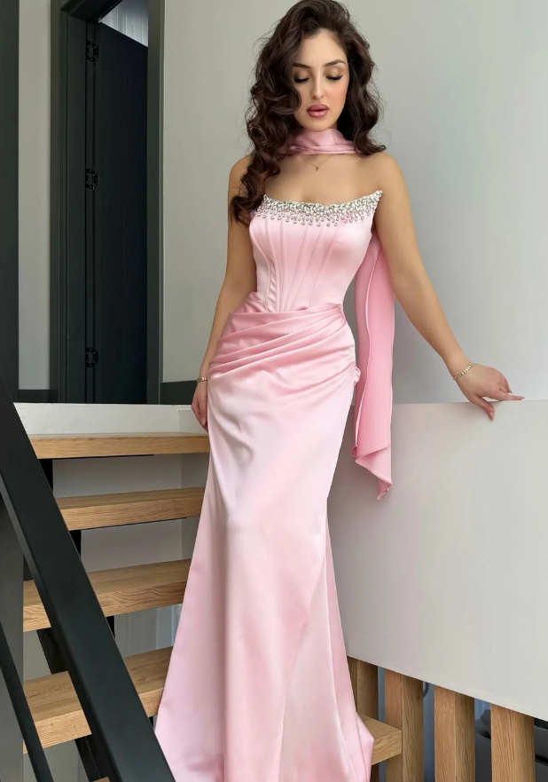 Sweety Pink Sheath Strapless Beaded Satin Prom Dress Wedding Guest Dress SH5419
