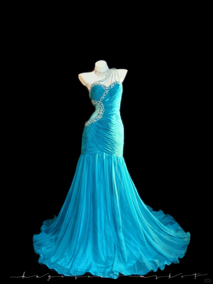 Vintage Blue A Line One Shoulder Beaded Chiffon Prom Dress Graduation Prom Dress SH5433
