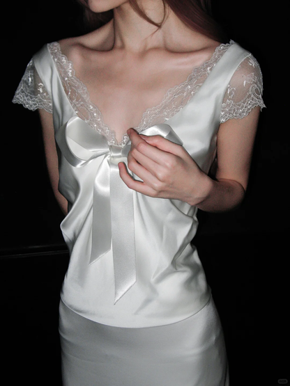 Sweety A Line Bow White Lace Satin Long Sweep Wedding Dress SH5229