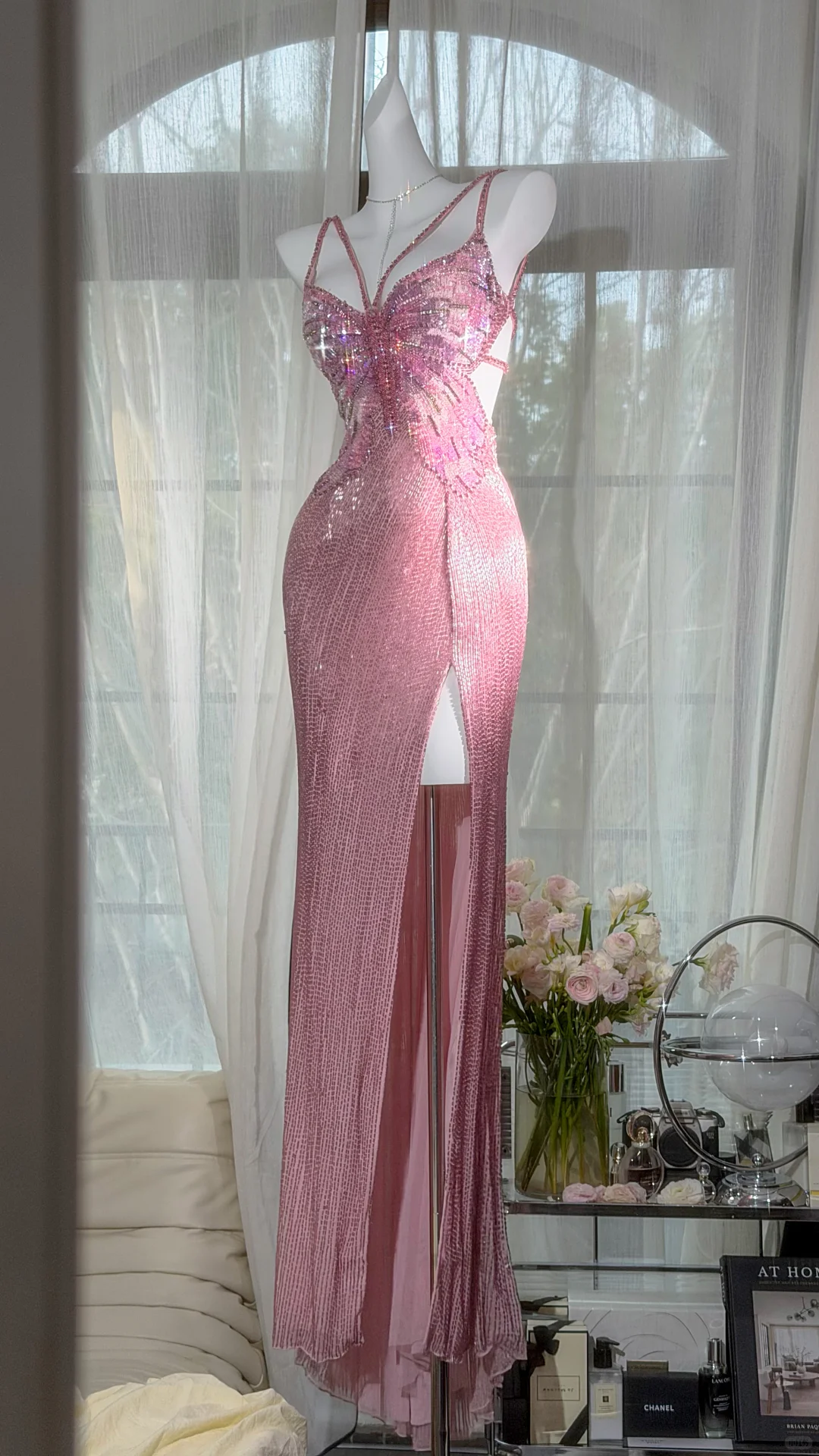 Stunning Pink Butterfly Sheath Beaded Long Prom Dress Graduation Prom Dress with Slit SH5347
