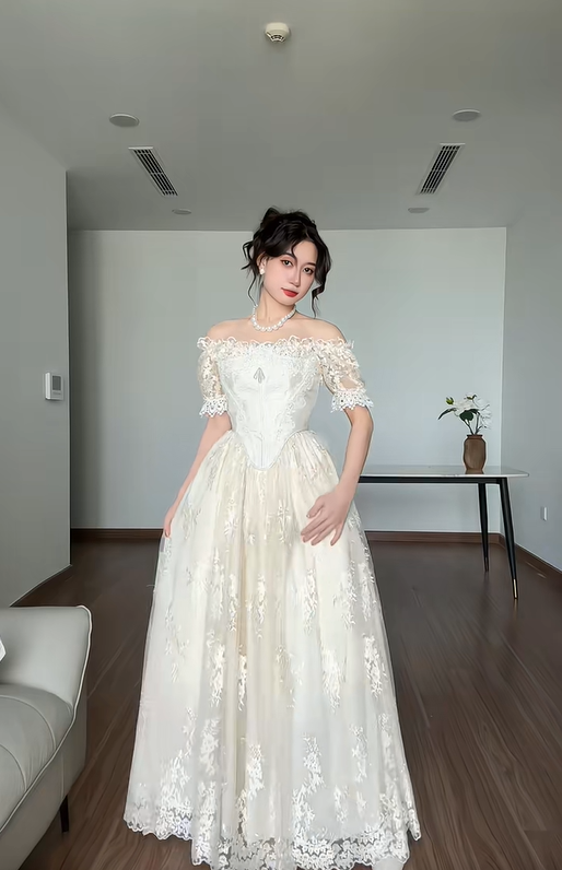 Vintage Ivory A Line Off the Shoulder Lace Satin Tulle Prom Dress Wedding Dress SH4471